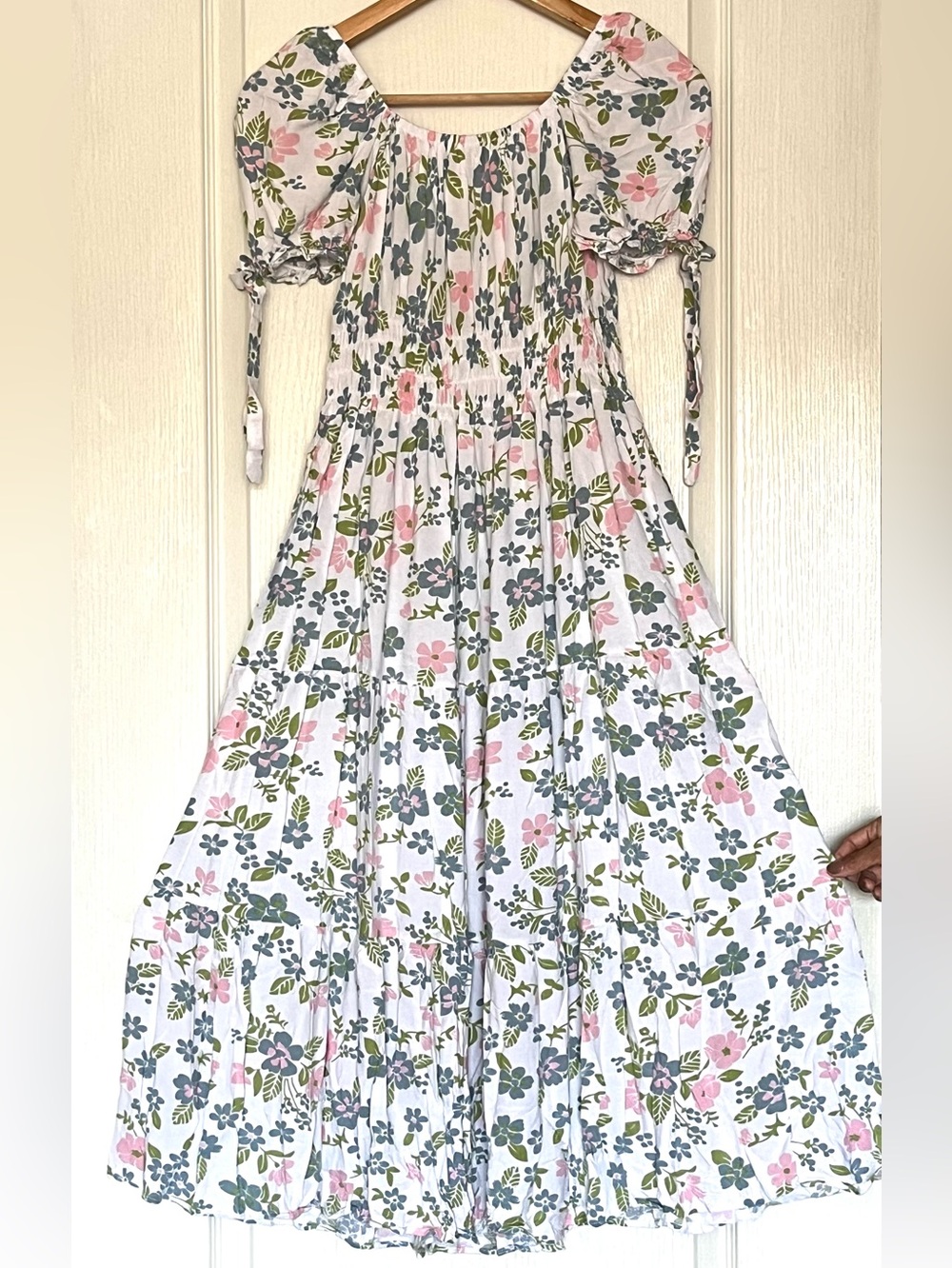Boho Floral Puff Sleeve Milkmaid Midi Dress Smocked Waist S Romantic Coquette - Picture 3 of 14